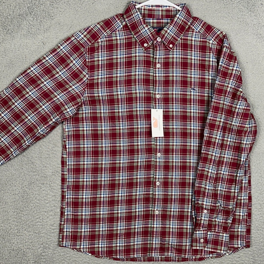 NEW Vineyard Vines Whale Shirt Mens Large Classic Red Plaid Flannel Button Down